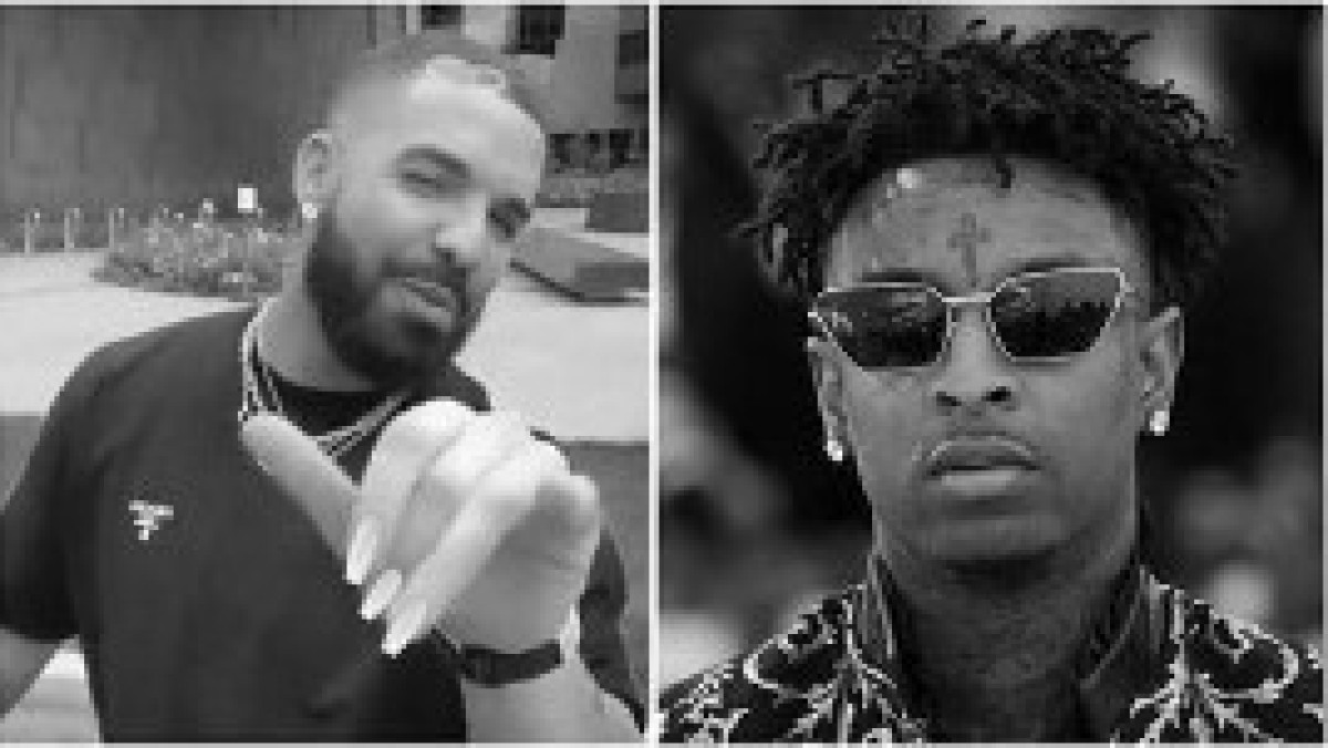 drake, nails freshly done, hand twisted downward in iconically homosexual position, to his right, 21 savage: stoic